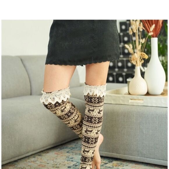 A’reve Brown White Lace Top Leg Warmers Sz M/L - Picture 3 of 4
